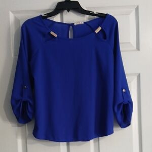a'gaci Cobalt Blue Cutout Boatneck Blouse with Tab Sleeves